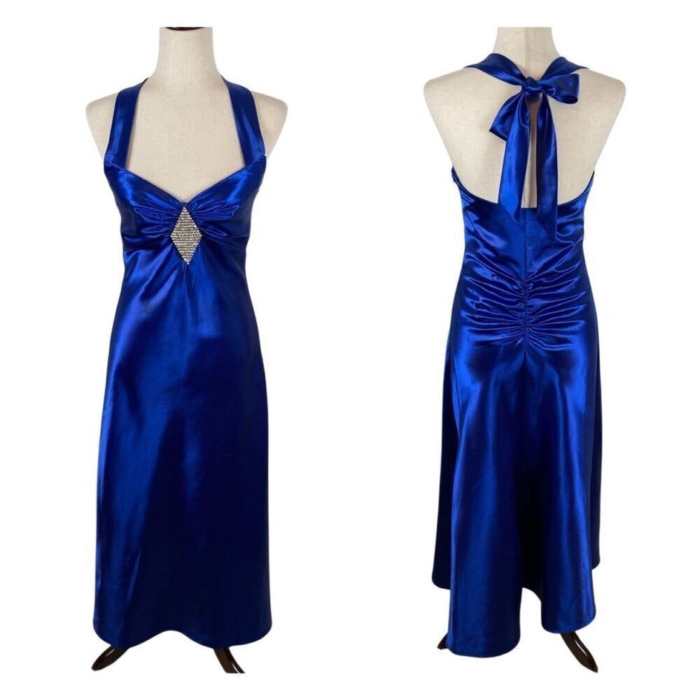 Y2K Jessica McClintock Gunne Sax Womens 5 blue satin halter maxi prom dress READ